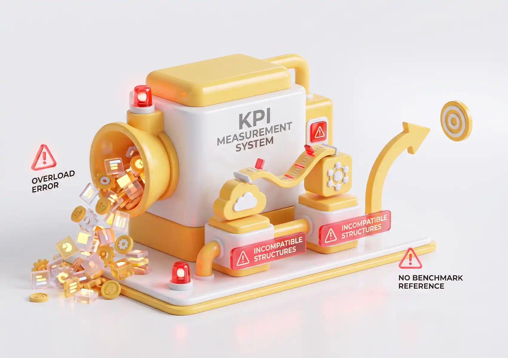 A 3D illustration of a malfunctioning KPI Measurement System machine showing common errors like data overload, incompatible structures, and no benchmark reference when tracking social media KPIs.