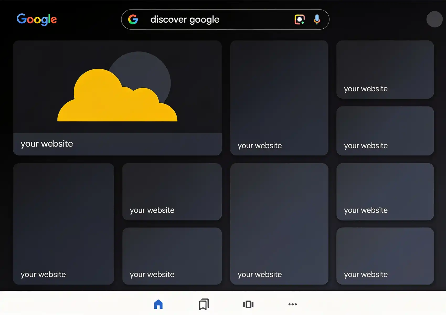 A stylized mockup of a dark-mode Google Discover interface displaying various content cards labeled 'your website', illustrating the potential reach of Google Discover for business
