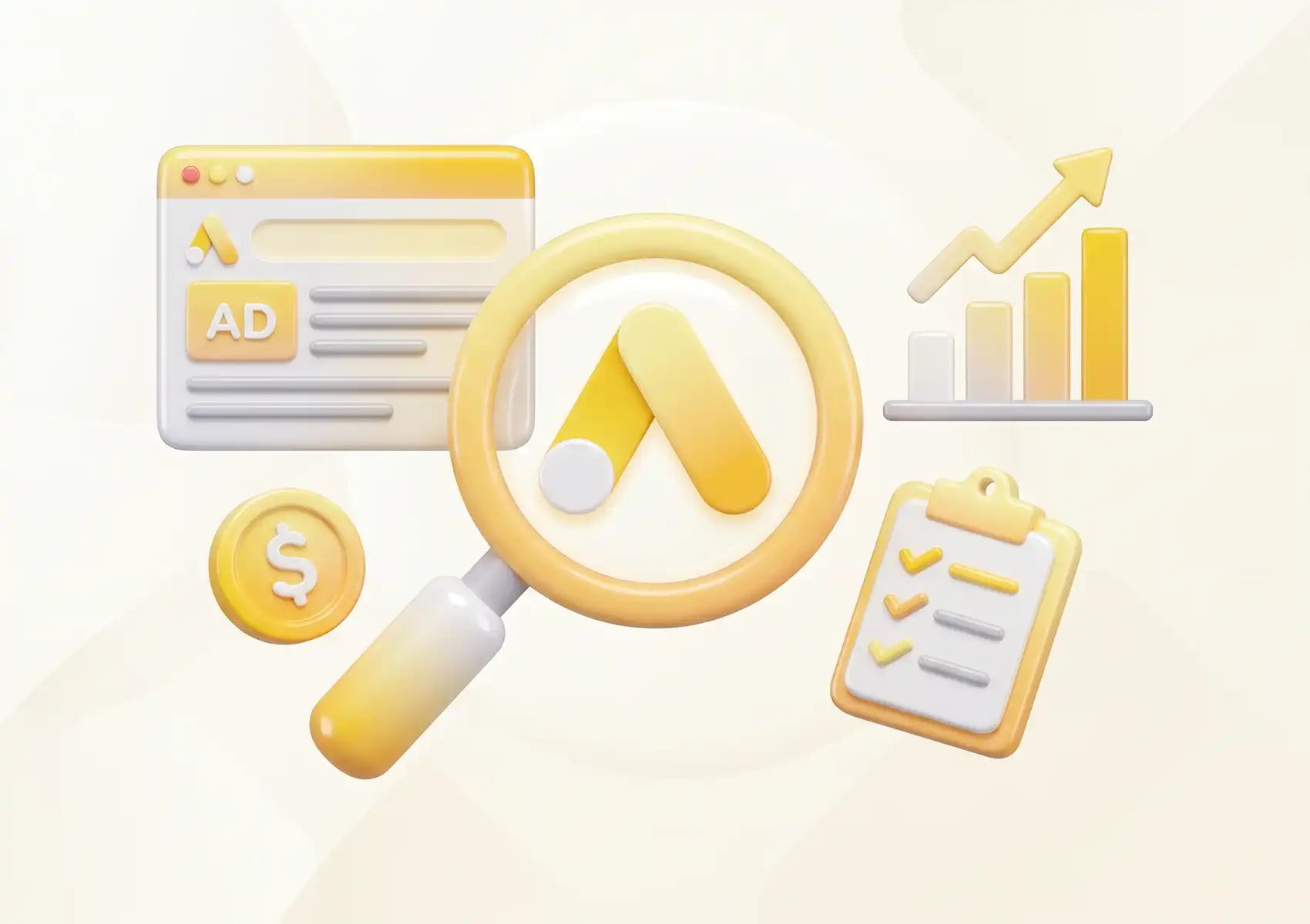 A 3D illustration featuring a magnifying glass over the Google Ads logo, surrounded by a rising bar chart, a checklist, a coin, and an ad interface window, representing the monitoring of Google Ads ROAS