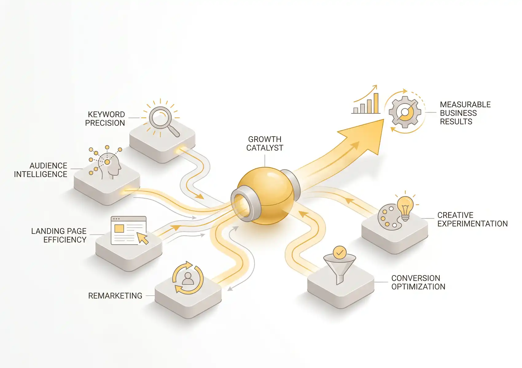An infographic diagram showing how inputs like keyword precision, audience intelligence, and landing page efficiency feed into a central growth catalyst to improve Google Ads ROAS and achieve measurable business results.