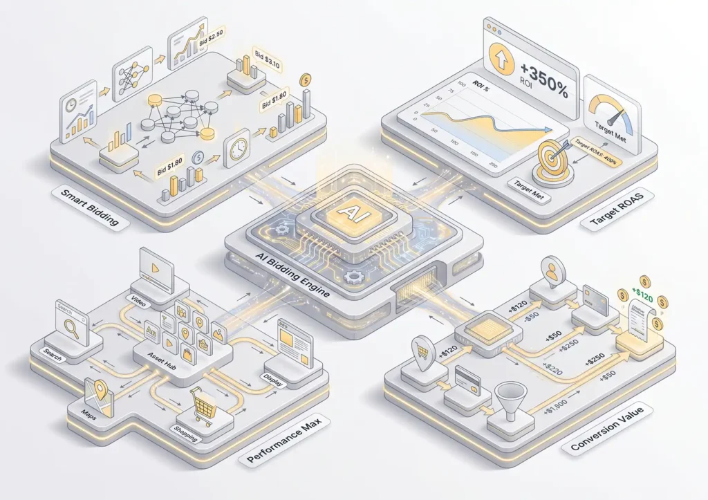 An isometric diagram demonstrating how a central AI bidding engine connects with Smart Bidding, Performance Max, conversion value tracking, and Target ROAS dashboards to maximize Google Ads ROAS.