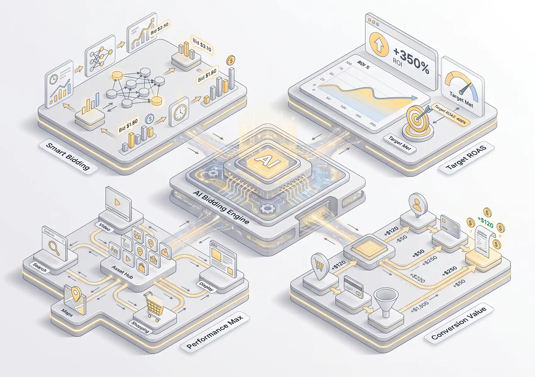 An isometric diagram demonstrating how a central AI bidding engine connects with Smart Bidding, Performance Max, conversion value tracking, and Target ROAS dashboards to maximize Google Ads ROAS.