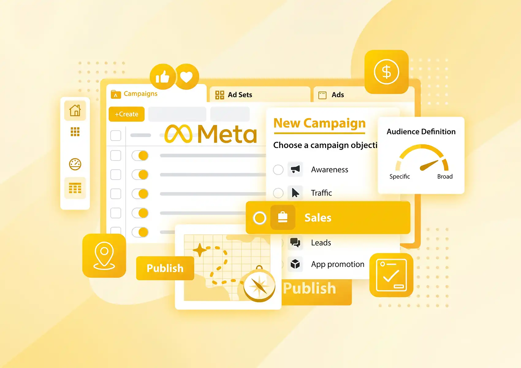 A stylized 3D graphic of the Meta Ads Manager interface, highlighting campaign objectives like 'Sales', location targeting, and audience definition tools used when setting up Meta Ads for restaurants.