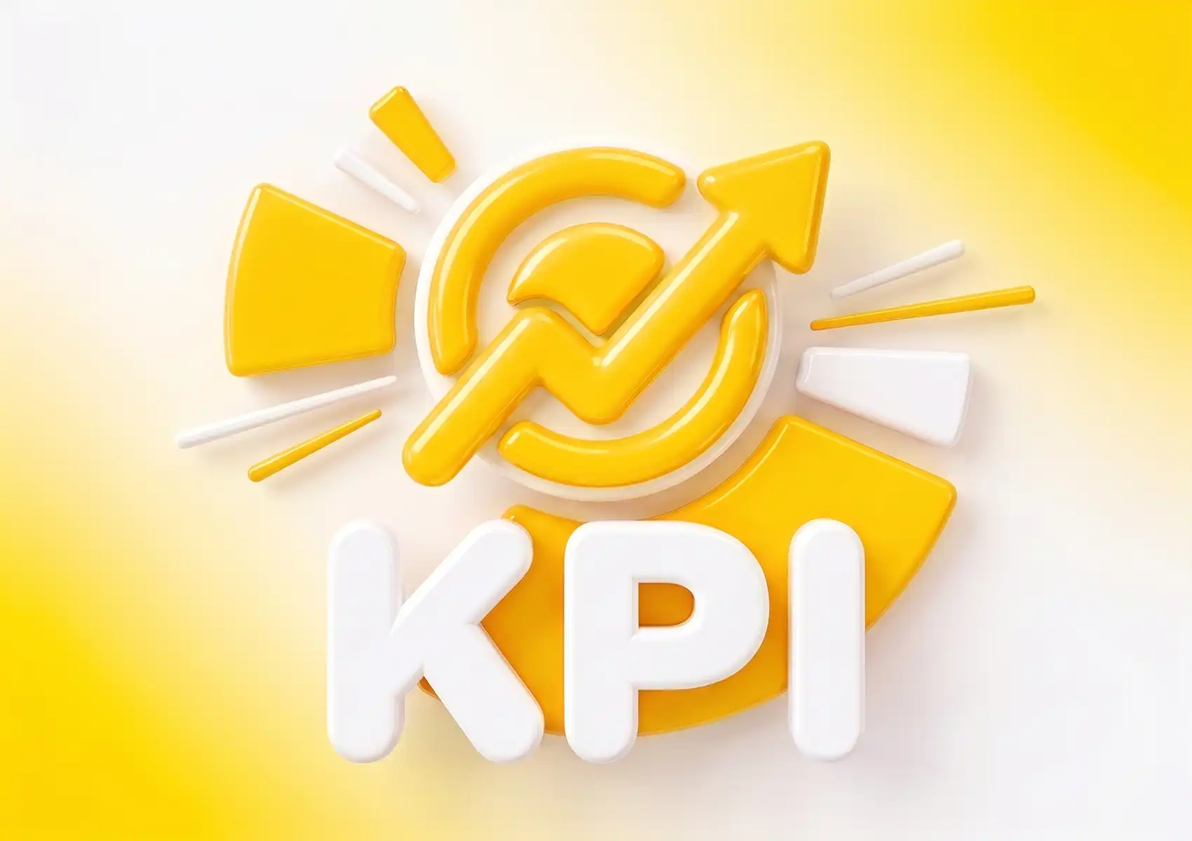 A vibrant 3D graphic displaying the word KPI in large white letters beneath a yellow upward trending arrow, representing the growth achieved through measuring social media KPIs.