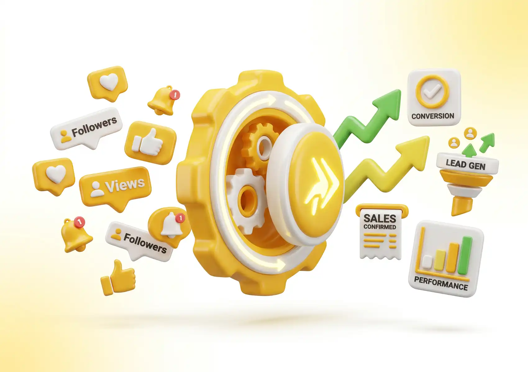 A 3D diagram showing a central gear mechanism processing superficial engagement like likes and followers into actionable social media KPIs, such as conversions, lead generation, and confirmed sales.