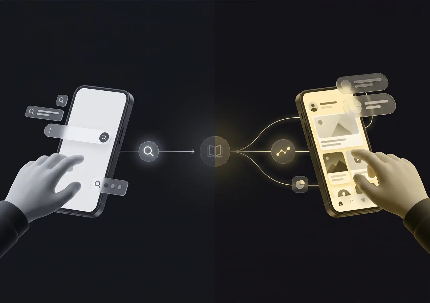 A 3D illustration comparing traditional mobile search on the left with a visual content feed on the right, highlighting the shift toward proactive content delivery in Google Discover for business.